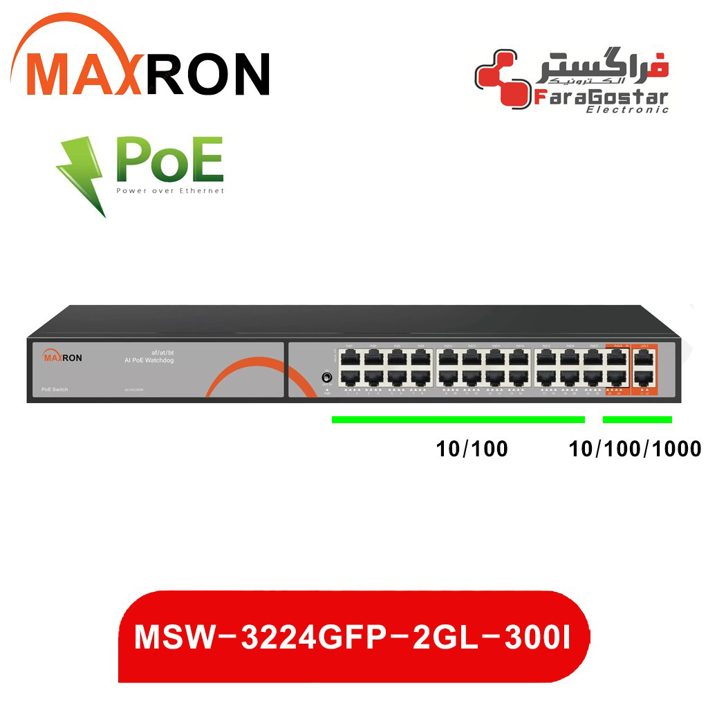 سوئیچ شبکه POE برند مکسرون مدل MSW-3224GFP-2GL-300I