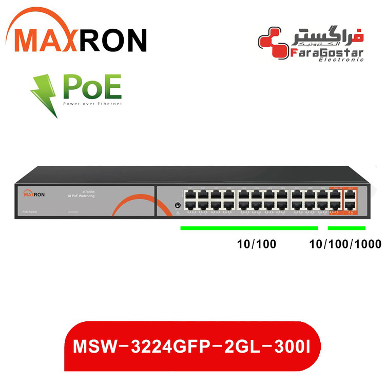 سوئیچ شبکه POE برند مکسرون مدل MSW-3224GFP-2GL-300I